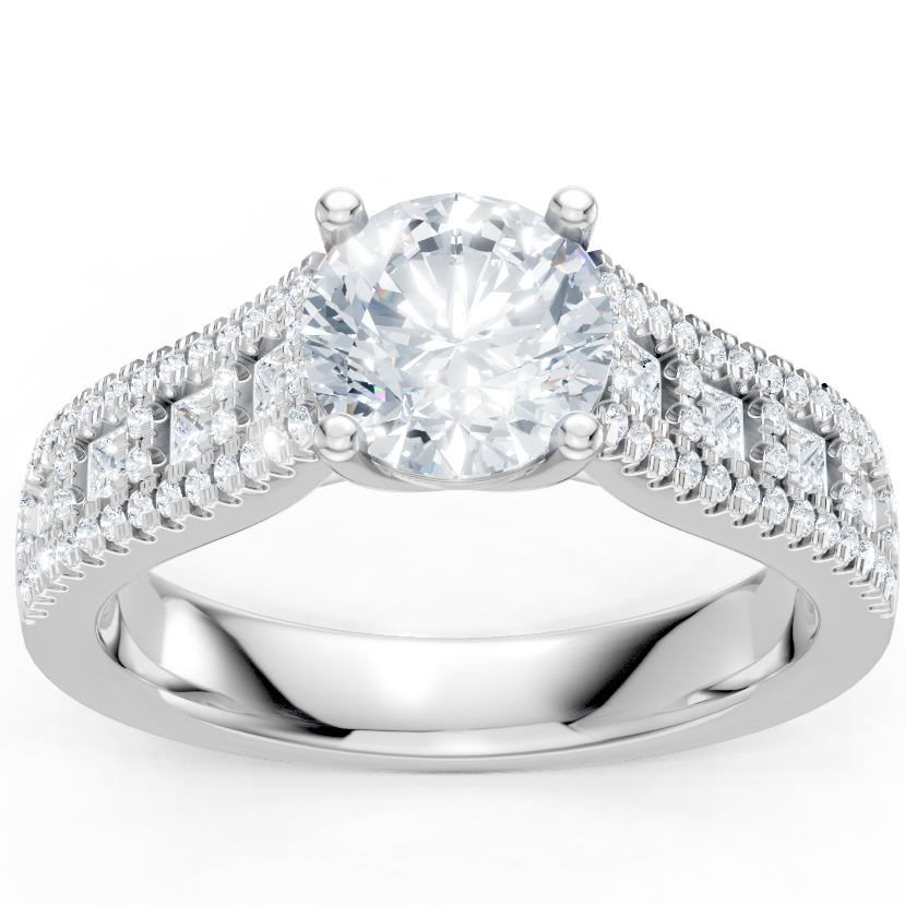 14K White Gold Round and Princess Cut Cathedral Semi Mount Engagement Ring