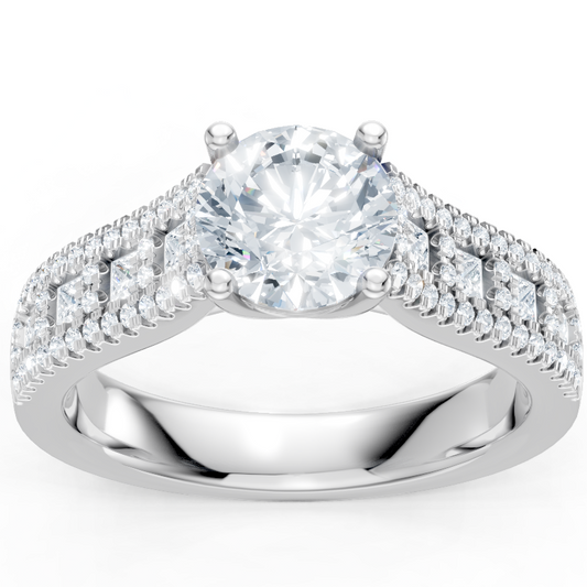 14K White Gold Round and Princess Cut Cathedral Semi Mount Engagement Ring