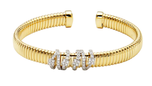 18K yellow gold tubogas cuff bracelet with pave diamond wrap stations