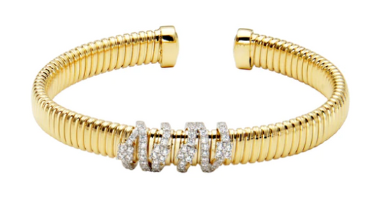 18K yellow gold tubogas cuff bracelet with pave diamond wrap stations