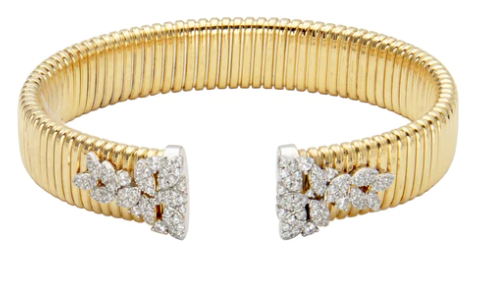 18K yellow gold tubogas cuff bracelet with pave diamond floral cluster ends