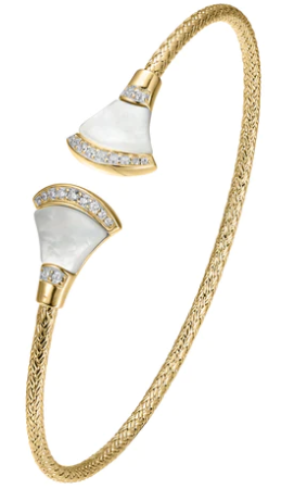 Gold woven cuff bracelet with mother-of-pearl fan ends trimmed in diamonds