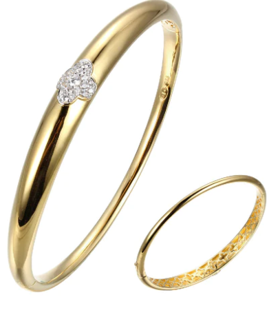 Gold bangle bracelet with pave diamond heart cluster, pair shown