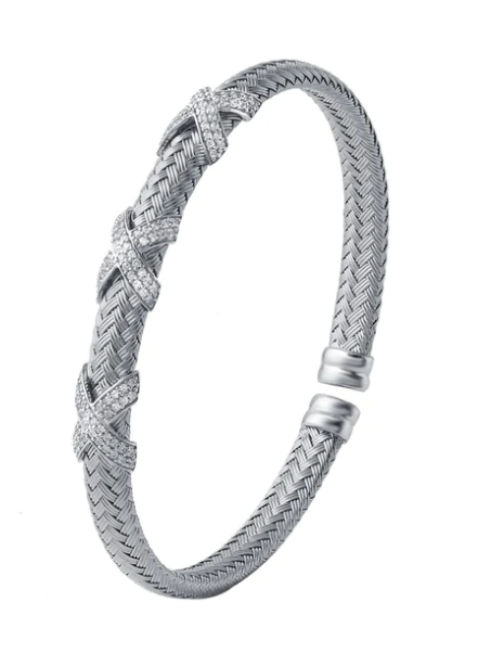 Sterling silver woven cuff bracelet with pave diamond X crossover stations