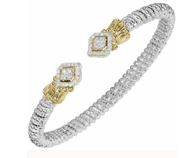 Two-tone silver and gold ribbed cuff bracelet with pave diamond square end stations