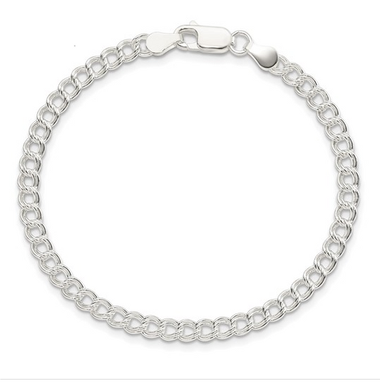 Sterling silver double-link curb charm bracelet with lobster clasp, oval layout