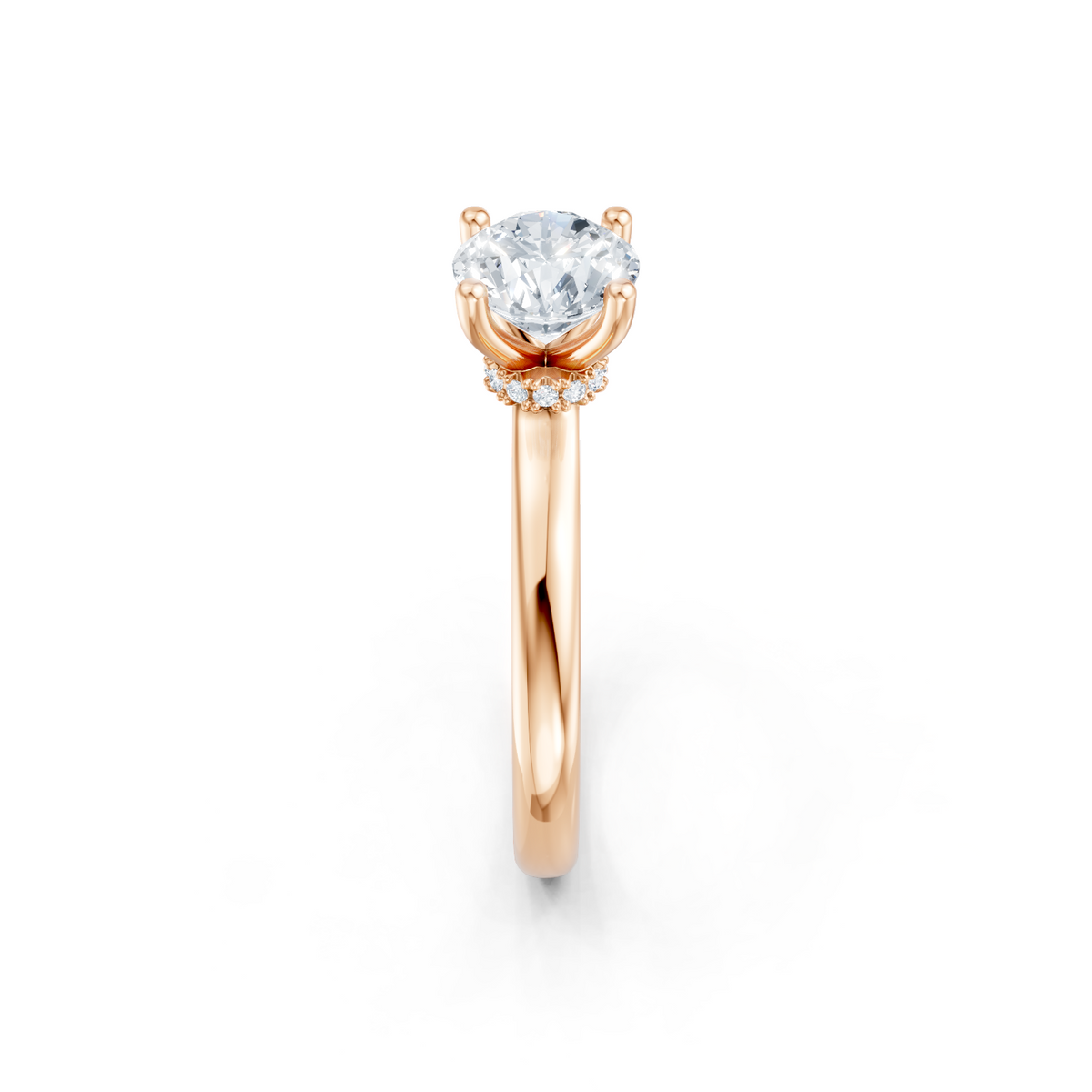 14K Rose Gold Solitaire Mounting with Diamonds for Round Cut Center