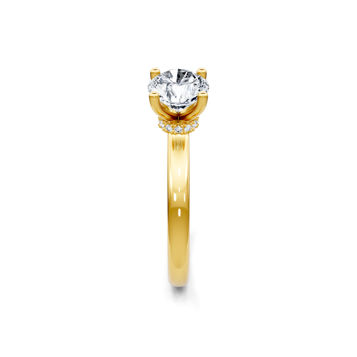 18K yellow gold round diamond solitaire engagement ring with diamond collar, side view