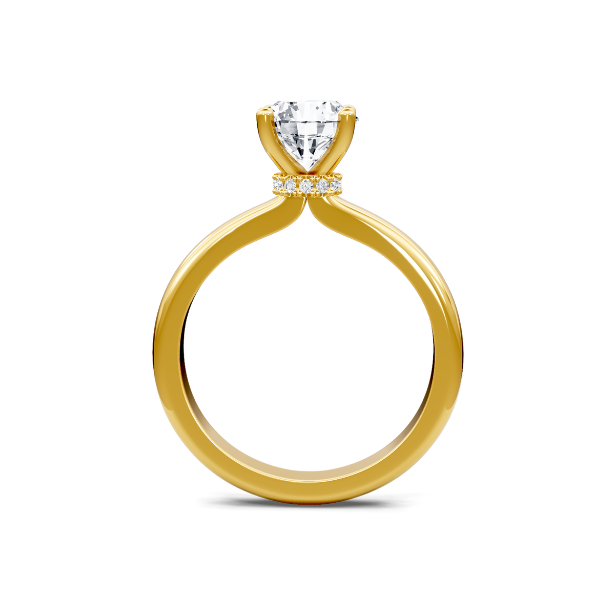 18K yellow gold round diamond solitaire engagement ring with diamond collar, front profile