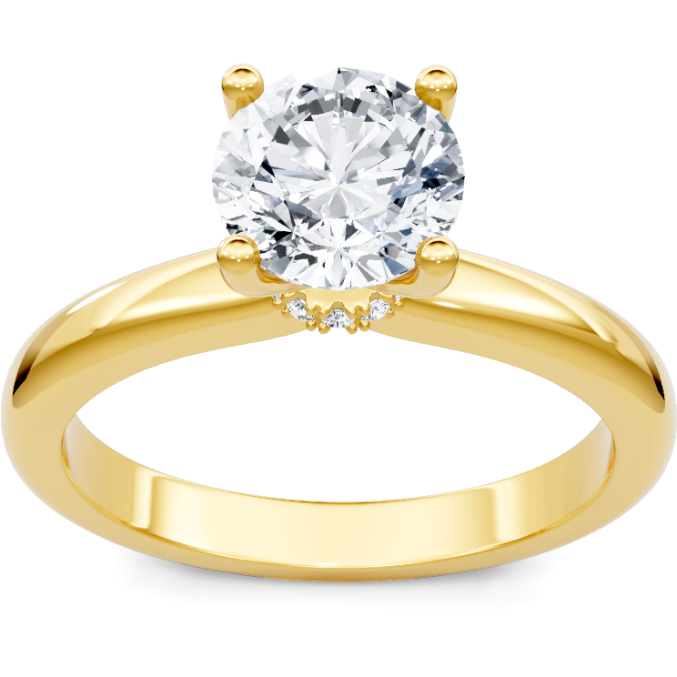 18K yellow gold round diamond solitaire engagement ring with plain band and diamond accents, top view