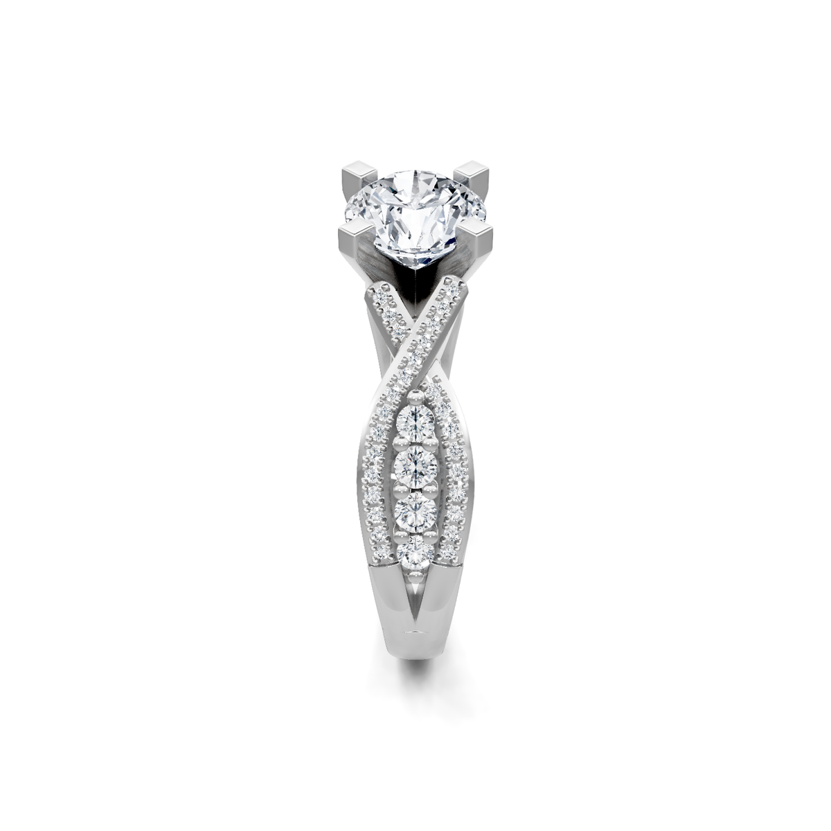 White gold round diamond engagement ring with pave criss-cross split-shank band, side view