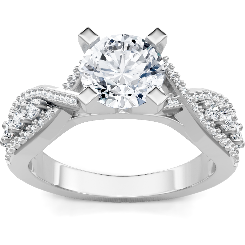 White gold round diamond engagement ring with pave criss-cross split-shank band, top view