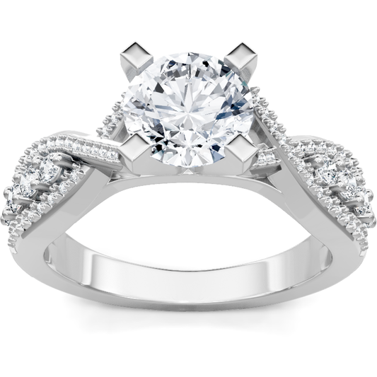 White gold round diamond engagement ring with pave criss-cross split-shank band, top view