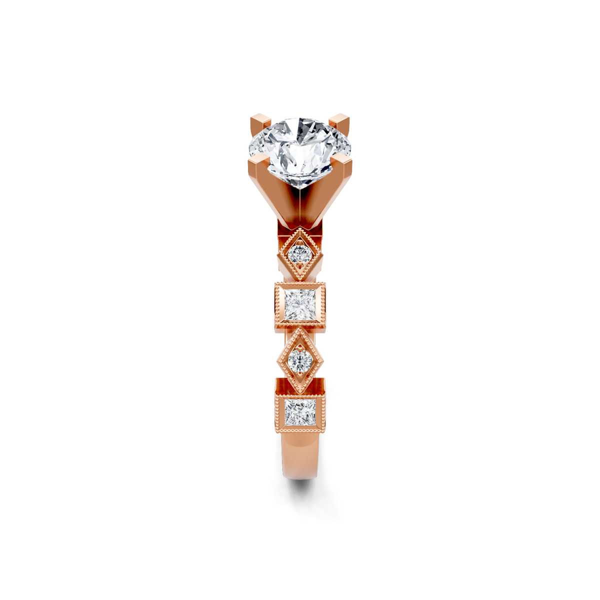 14K rose gold round diamond engagement ring with milgrain geometric diamond band, side view