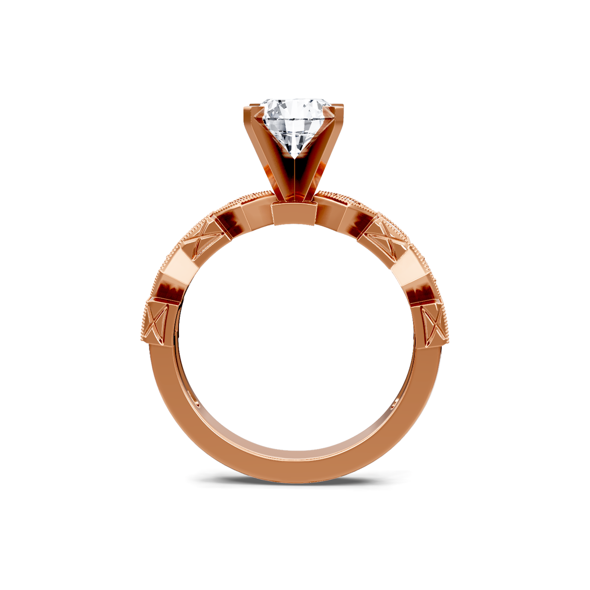 14K rose gold round diamond engagement ring with engraved X-motif band, through-finger view