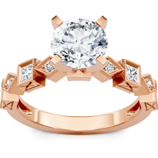 14K rose gold round diamond engagement ring with milgrain geometric diamond band, top view