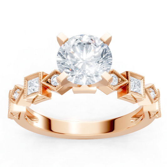 14K Rose Gold Round and Princess Cut Diamond Pave Setting