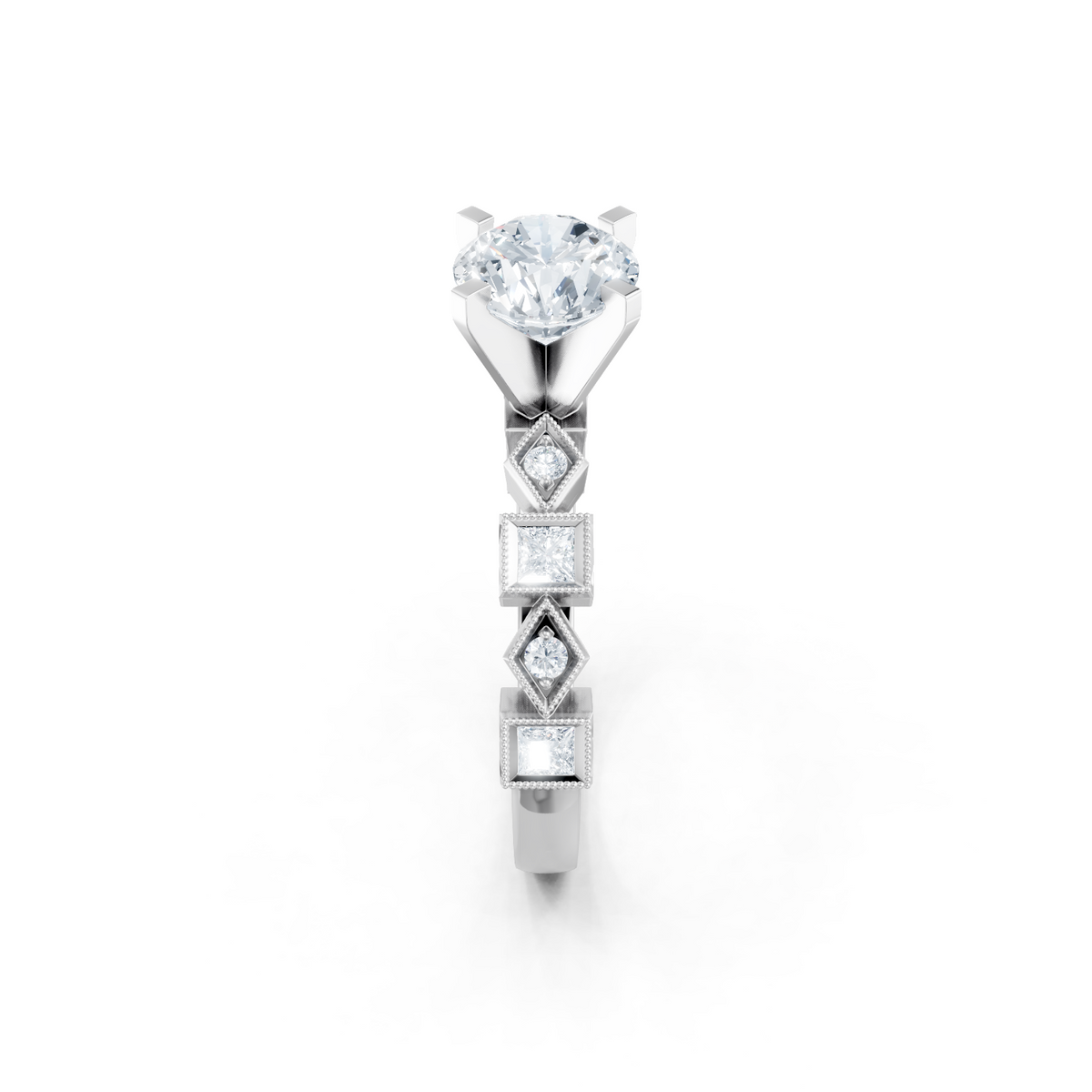 14K White Gold Round and Princess Cut Diamond Pave Setting