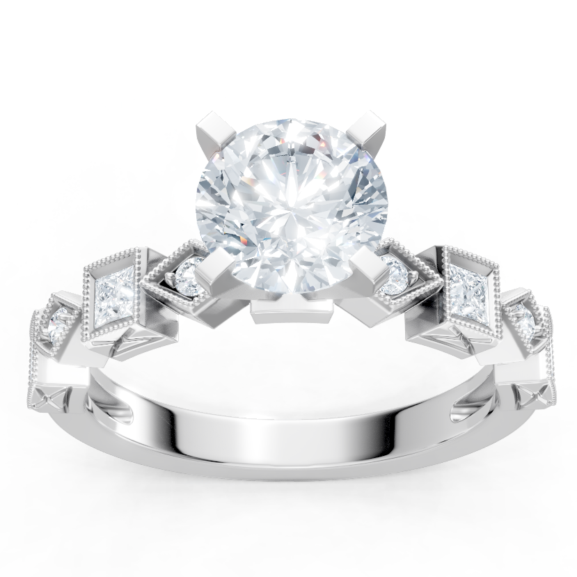 14K White Gold Round and Princess Cut Diamond Pave Setting