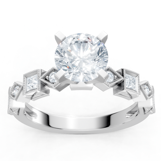 14K White Gold Round and Princess Cut Diamond Pave Setting