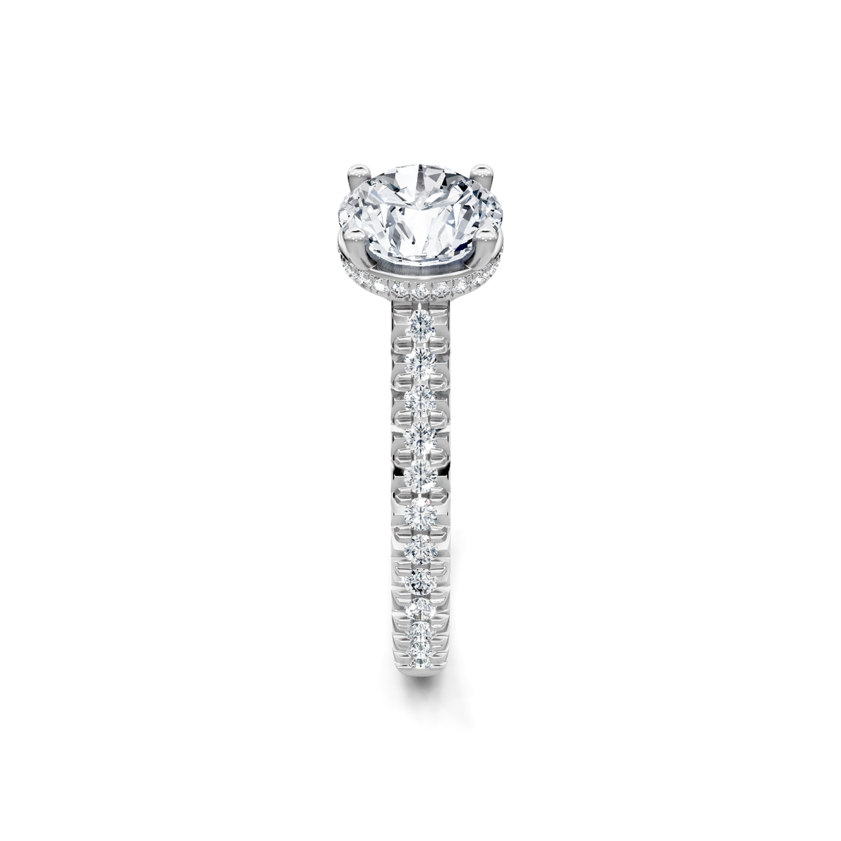 14K white gold round diamond engagement ring with hidden halo, side profile view