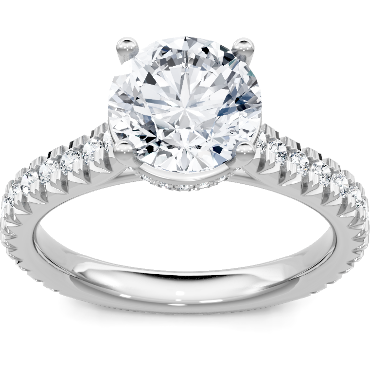 14K white gold round diamond engagement ring with pave hidden halo and diamond eternity band, top view