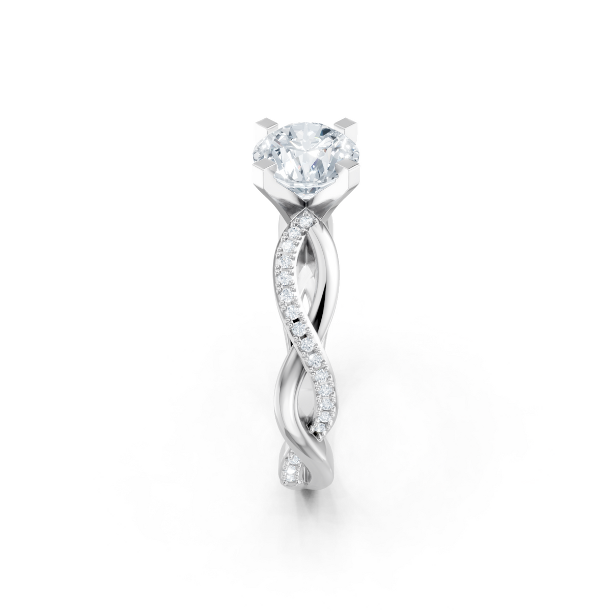 14K White Gold Round Diamond Half Plain Shank Twisting Engagement Ring
