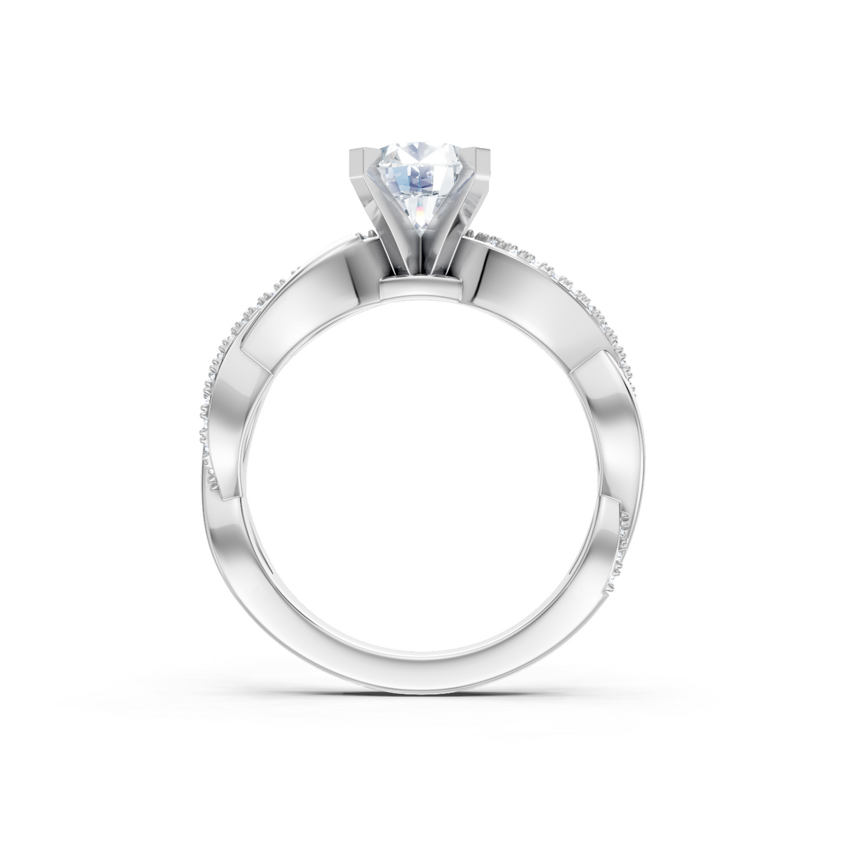 14K White Gold Round Diamond Half Plain Shank Twisting Engagement Ring