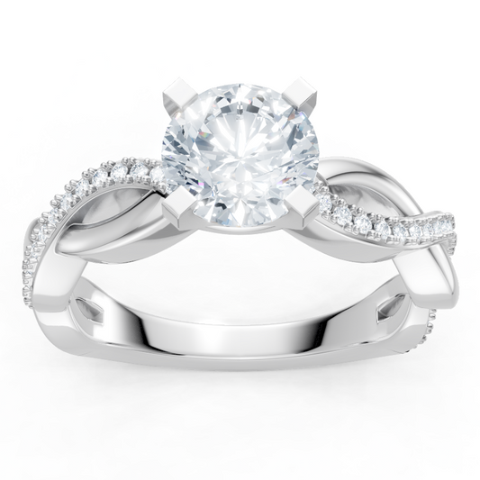 14K White Gold Round Diamond Half Plain Shank Twisting Engagement Ring
