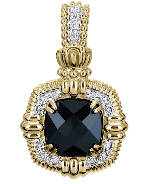 Yellow gold cushion black onyx pendant with diamond accents and beaded rope frame