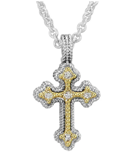 Two-tone silver and gold diamond cross pendant on rope chain