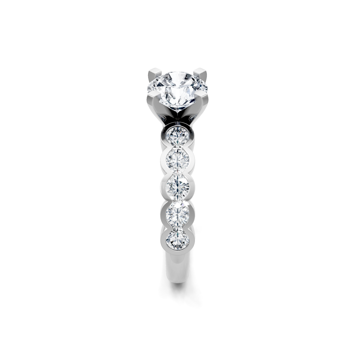 14K white gold round diamond engagement ring with shared-prong accent band, side view