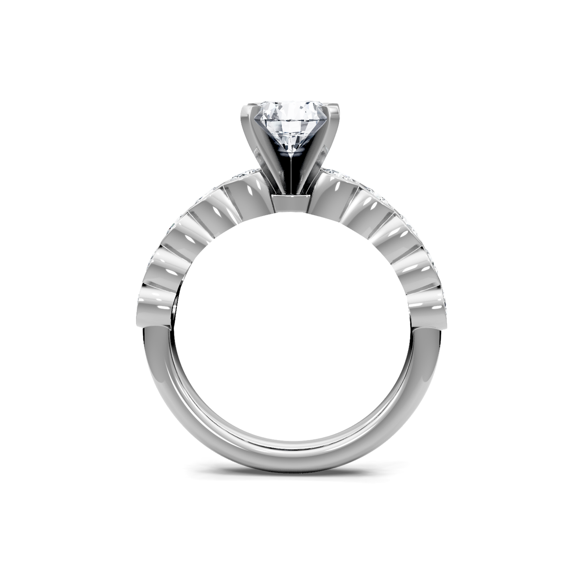 14K white gold round diamond engagement ring with accent band, through-finger view