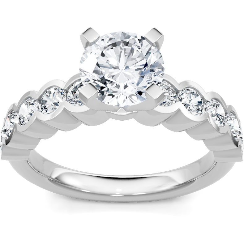 14K white gold round diamond engagement ring with shared-prong accent band, top view