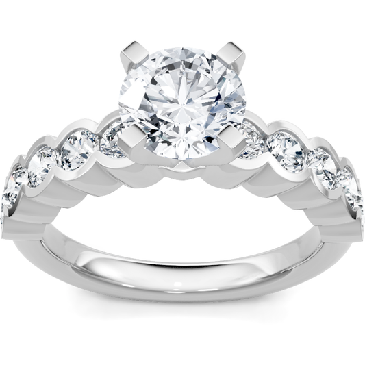 14K white gold round diamond engagement ring with shared-prong accent band, top view