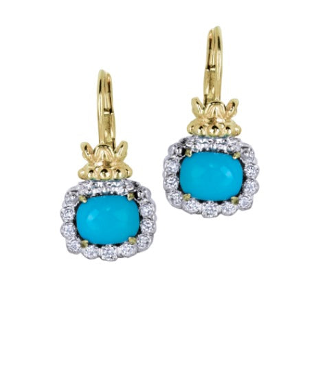 Turquoise Diamond Halo Earrings Sterling Silver 14K Gold Crown