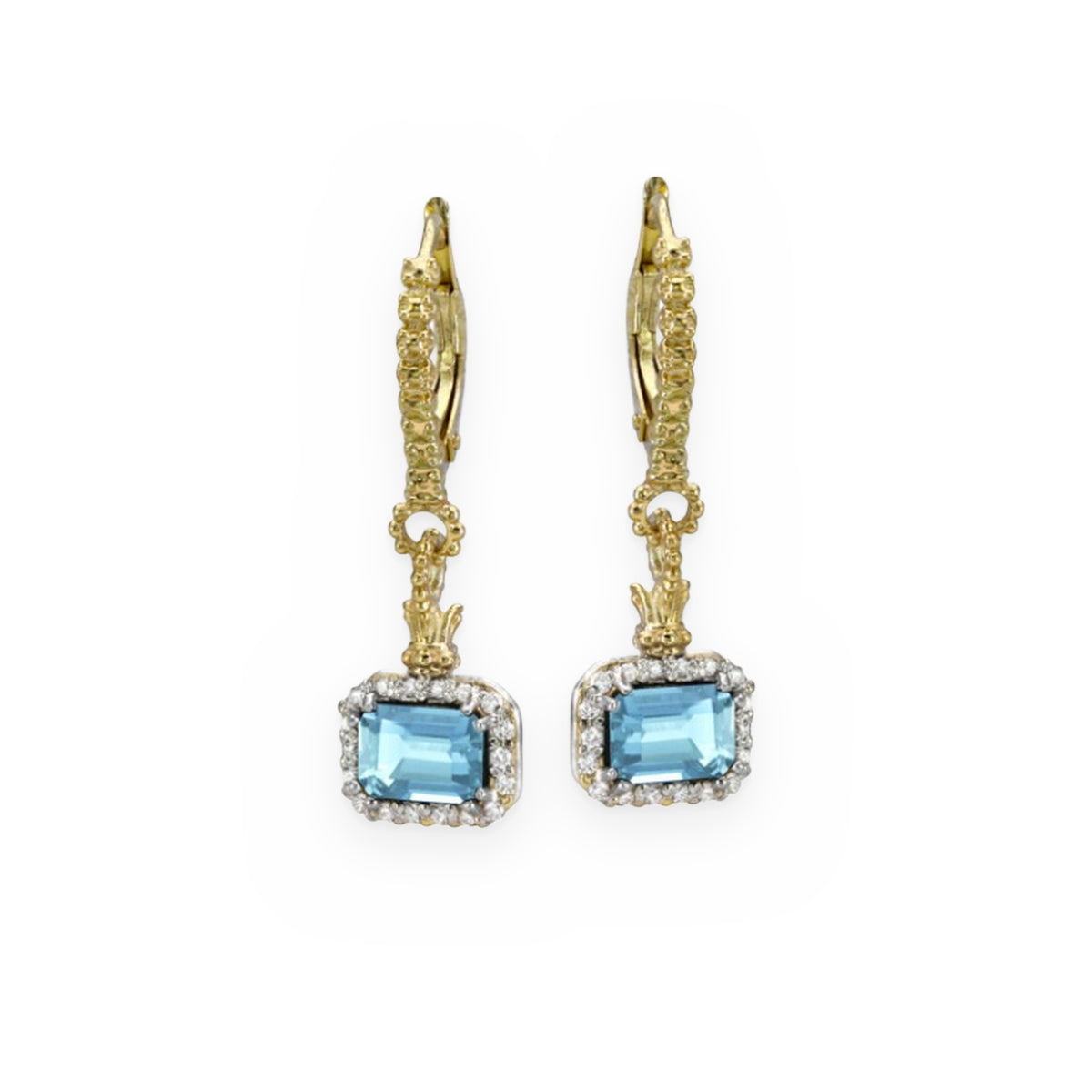Two-tone gold and silver blue topaz drop earrings with diamond halo and beaded chain