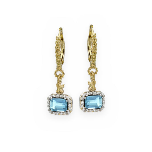 Two-tone gold and silver blue topaz drop earrings with diamond halo and beaded chain