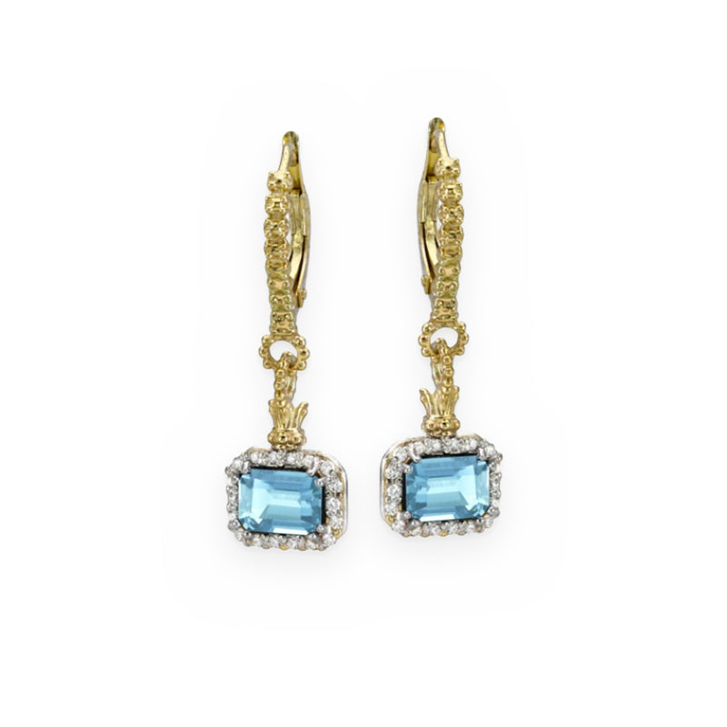 Two-tone gold and silver blue topaz drop earrings with diamond halo and beaded chain