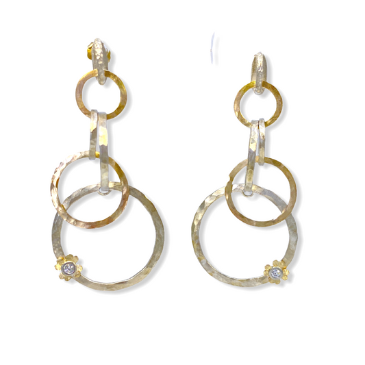 Hammered two-tone gold and silver triple-hoop drop earrings with diamond accent