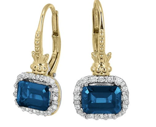 London Blue Topaz Diamond Halo Earrings Sterling Silver 14K Gold