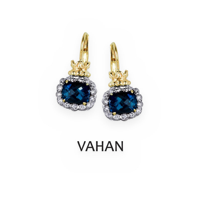 Two-tone gold London blue topaz drop earrings with diamond halo