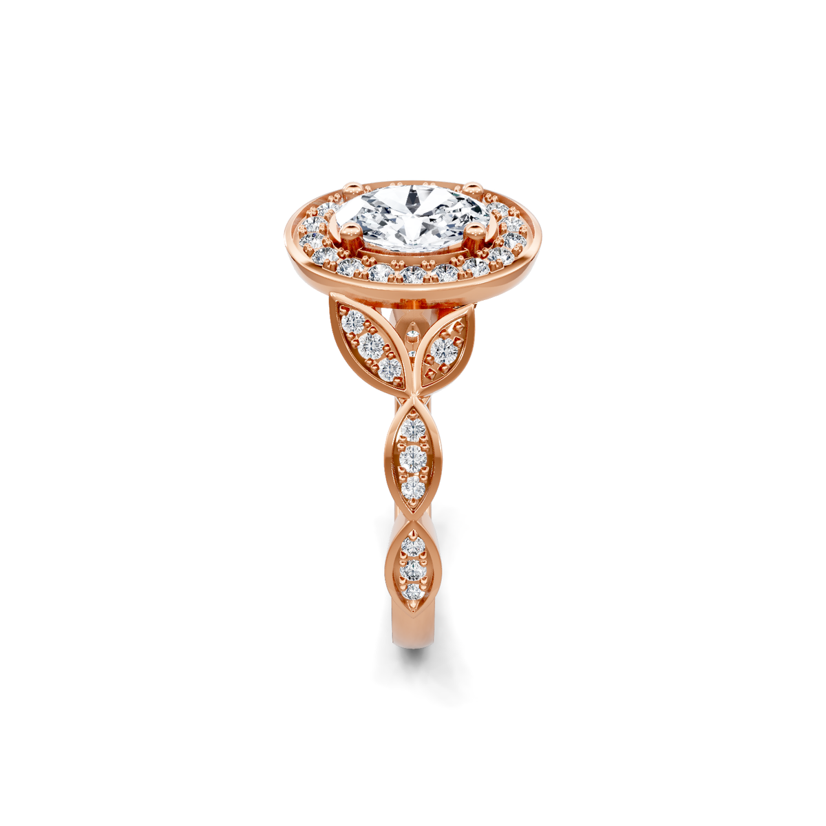 14K rose gold oval diamond halo engagement ring with marquise-motif diamond band, side view