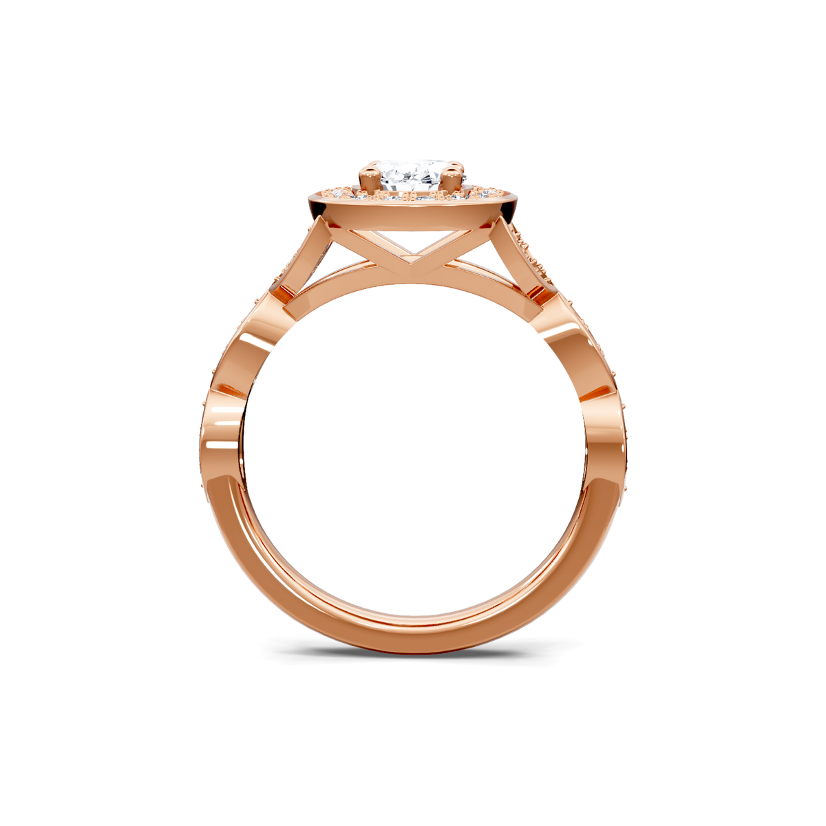 14K rose gold oval diamond halo engagement ring, through-finger view