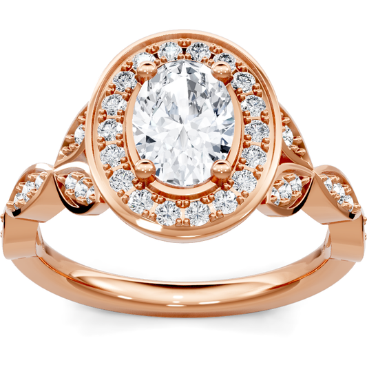 14K rose gold oval diamond halo engagement ring with marquise-motif band, top view