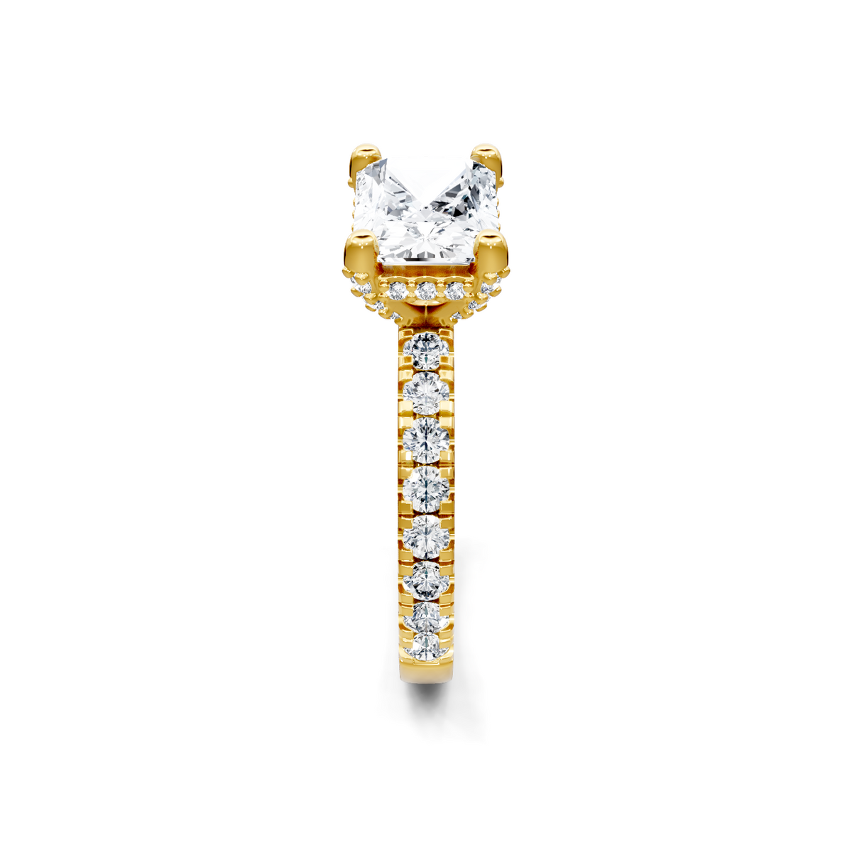14K yellow gold princess-cut diamond engagement ring with hidden halo and pave band, side view