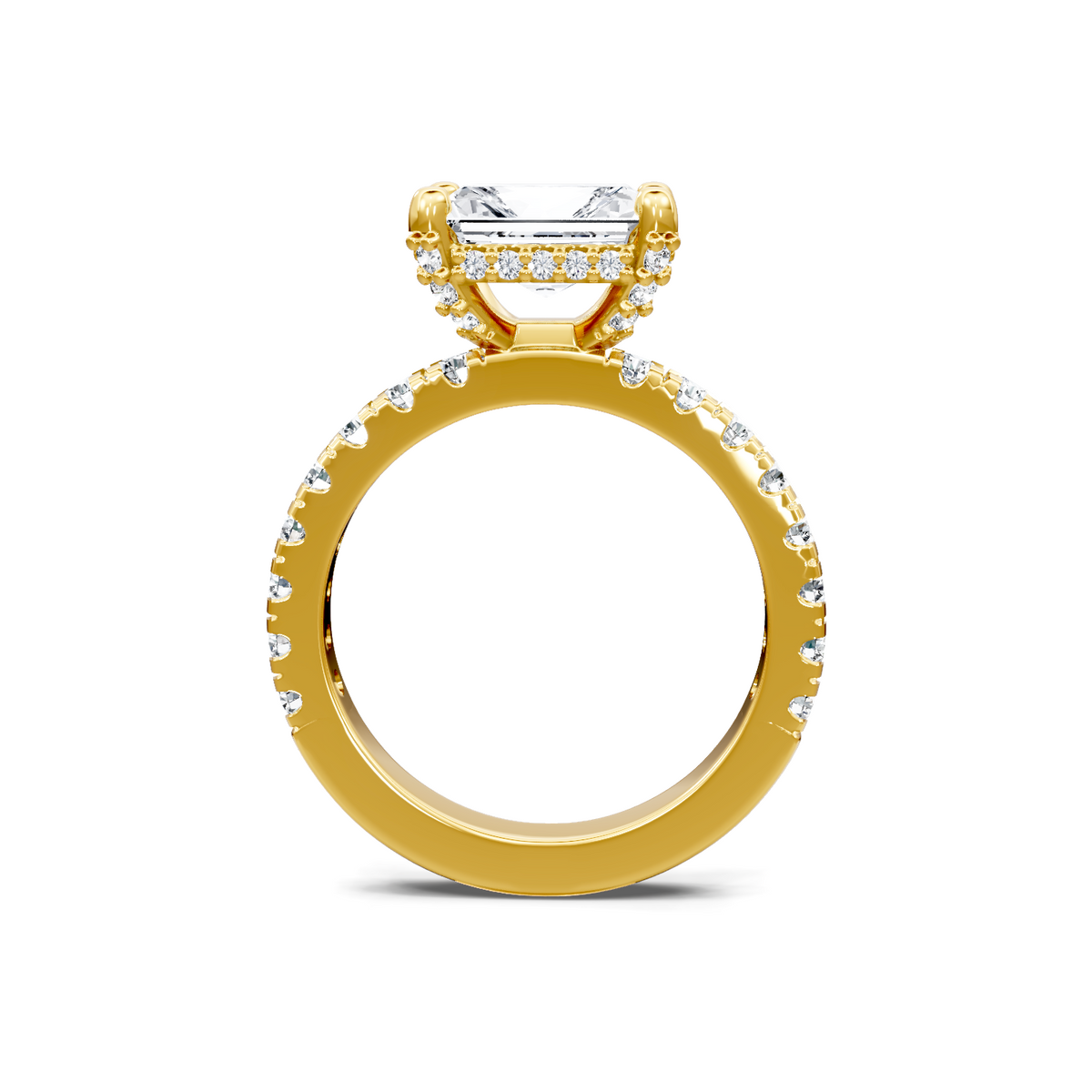 14K yellow gold princess-cut diamond engagement ring with hidden halo, through-finger view