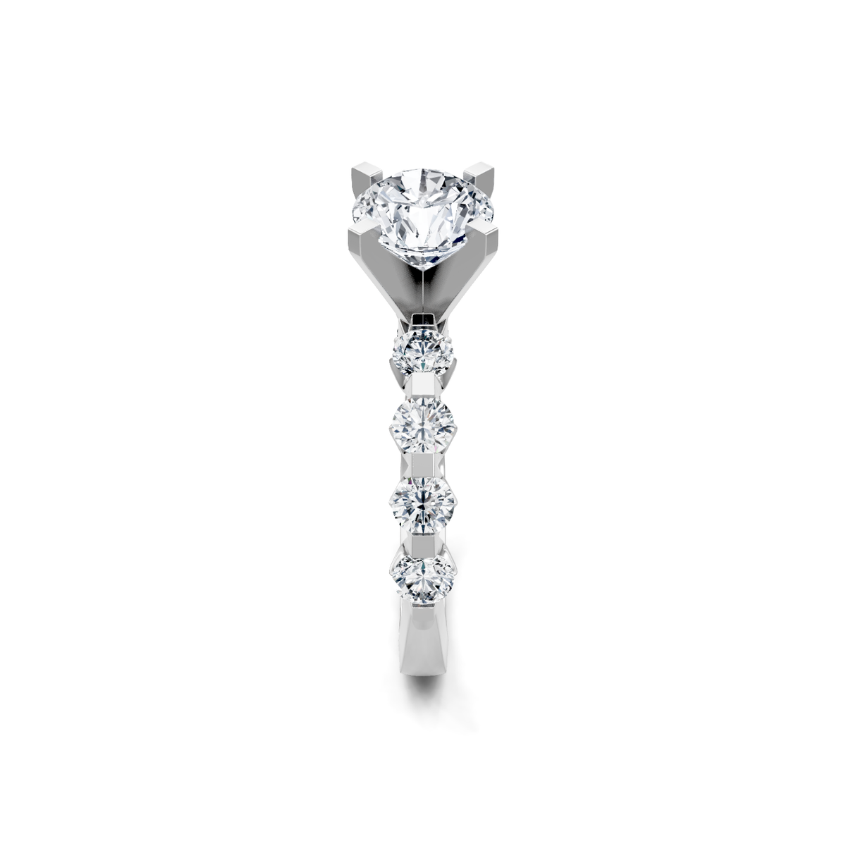 14K white gold round diamond engagement ring with shared-prong accent band, side view
