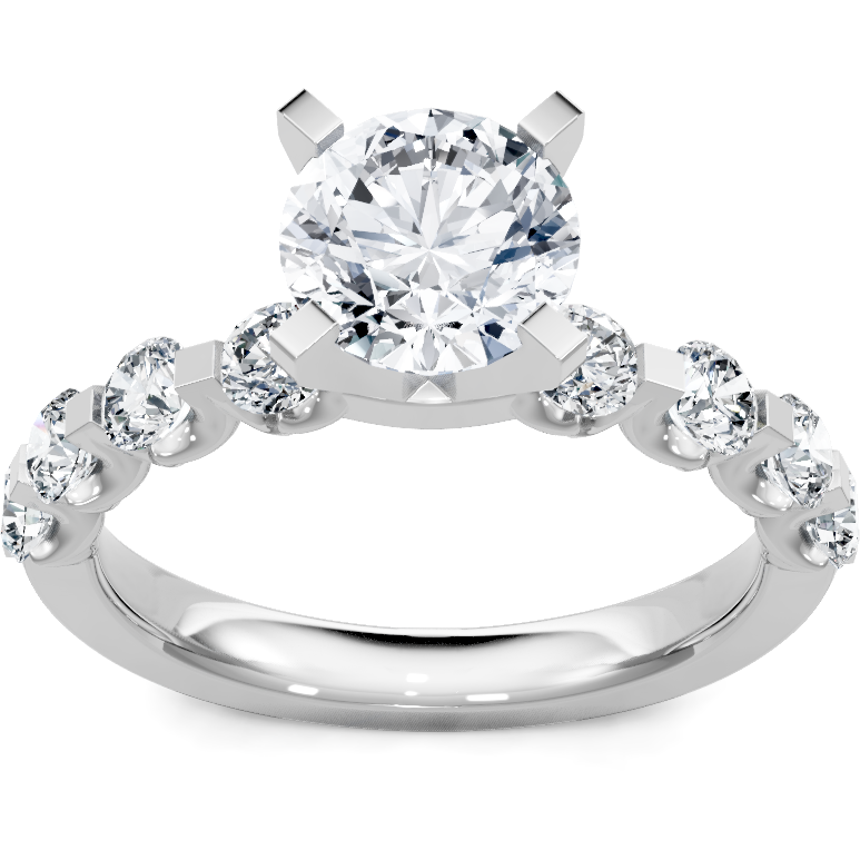 14K white gold round diamond engagement ring with shared-prong accent band, top view