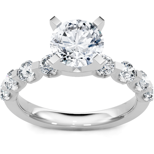 14K white gold round diamond engagement ring with shared-prong accent band, top view